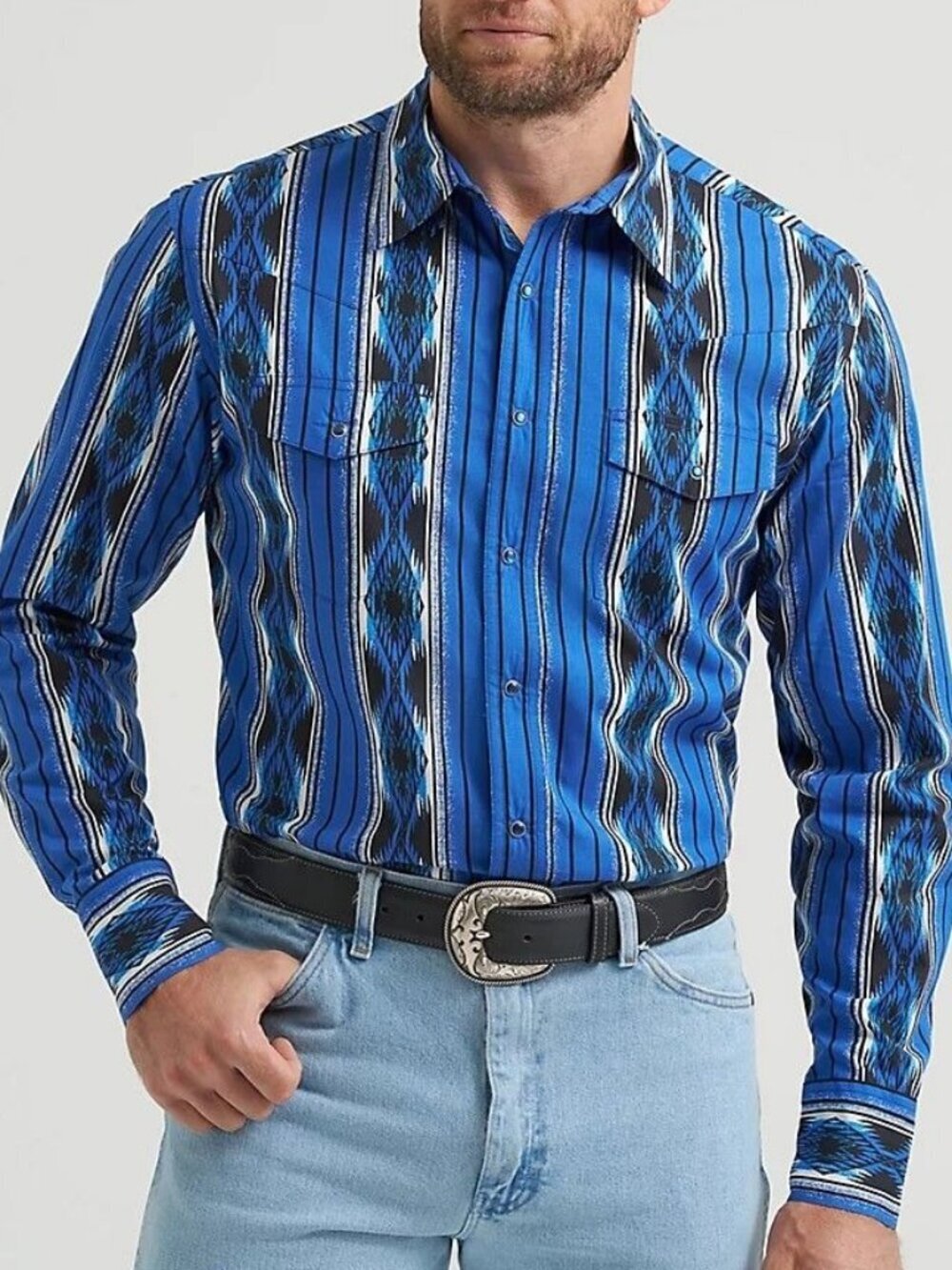 Wrangler Men's Long Sleeve Checotah Aztec Print Snap Shirt Blue 112369484